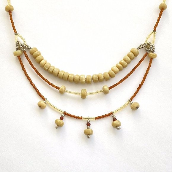 Sweet Honey 3-Tier Layered Neutral Tone Glass Bead Necklace 18-20” - Picture 1 of 3